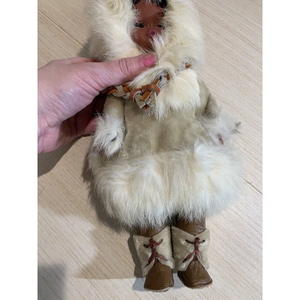 Vintage Eskimo Doll With Blinking eyes, real fur, leather necklace, No tags